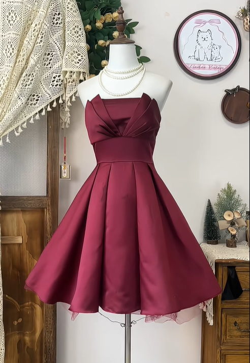 Vintage Burgundy Satin Pleated A Line Grade Homecoming Dress Strapless Cocktail Dress Birthday Outfits Y8888