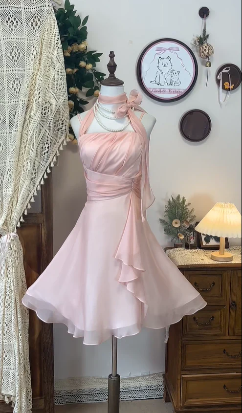 Simple Pink Halter Chiffon A Line Homecoming Dress Cocktail Dress Y8884