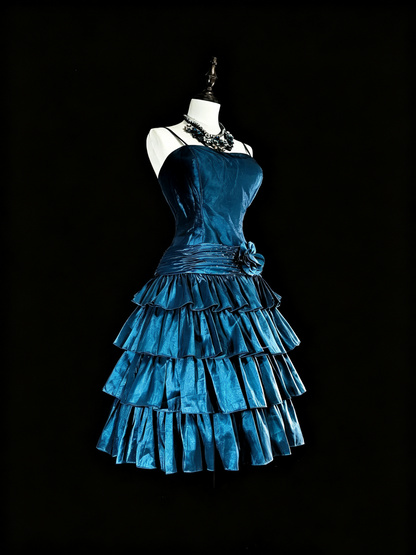 Elegant Peacock Blue Satin Floral Beaded Layered Short Homecoming Dress,Spaghetti Straps A Line Mini Prom Dress SP3394