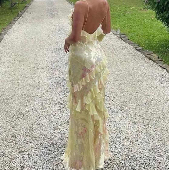 Romantic Spaghetti Straps V Neck Chiffon Print Prom Dress,Charming Evening Dress Y2306