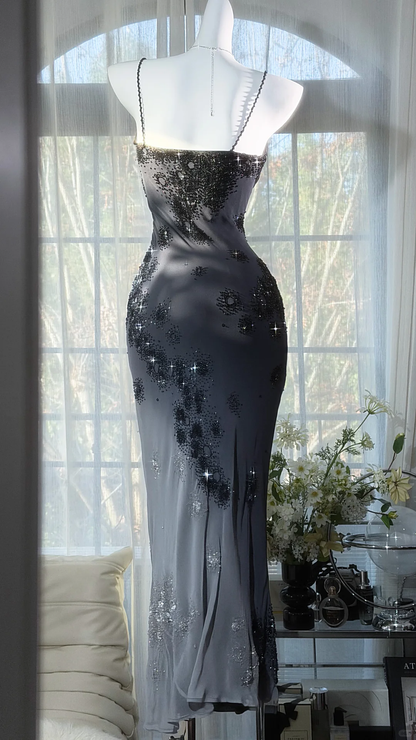 Vintage Spaghetti Straps Black Chiffon Beaded Mermaid Long Evening Dress Birthday Dress With Ribbon SP2190