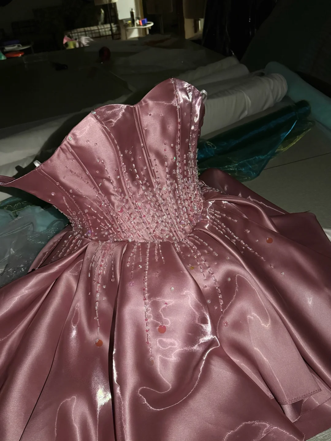 Charming Strapless Satin Beaded Hi-Low Party Dress Pink Long Prom Dress SP4218