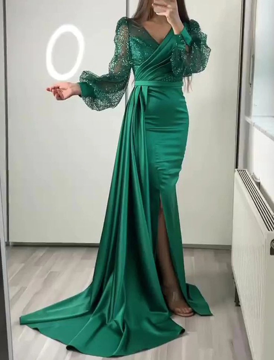 Dark Green Mermaid V Neck Satin Evening Dress Long Sleeves Y6109