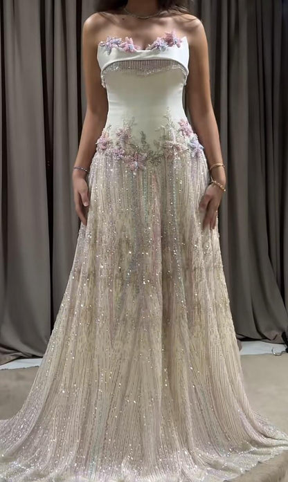Sparkly White Satin Sequin Appliques Long Party Dress Strapless Evening Gowns SP4168