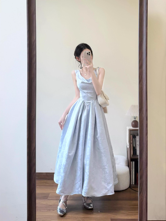 Unique Spaghetti Straps Blue Satin Print Floral A Line Long Birthday Prom Dress Evening Gown SP2027