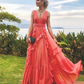 A-line V Neck Wedding Beach Dress,Long Prom Dress Y4054