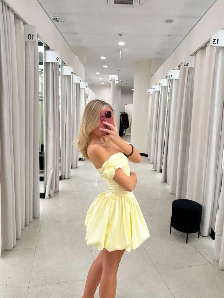 Cute Off The Shoulder Yellow Satin A Line Short Homecoming Dress Birthday Dress SP3963