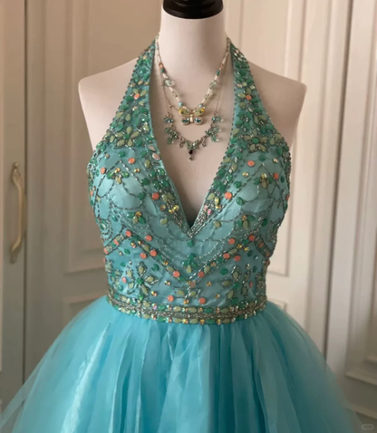Gorgeous Halter Tulle Beaded Short Birthday Outfits Blue A Line Homecoming Dress  Y9054