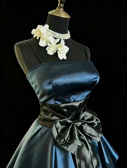 Vintage Spaghetti Straps Navy Blue Satin Lace A Line Short 6th Grade Homecoming Dress,Formal Birthday Outfits With Bow SP2770