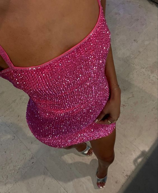 Glitter Hot Pink Spaghetti Straps Sheath Sequin Beaded Cocktail Dress Short Homecoming Dress SP165