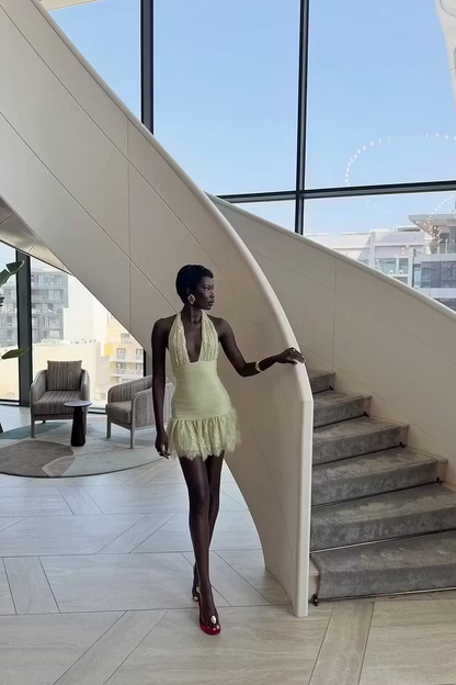 Elegant Lace Halter Yellow Short Homecoming Dress Backless Mini Birthday Outfits With Pleated SP3806