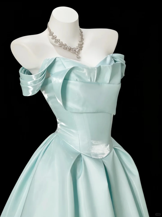 Classy Light Green Satin A Line Long Wedding Guest Dress,Off The Shoulder Party Dress Prom Gown SP2540