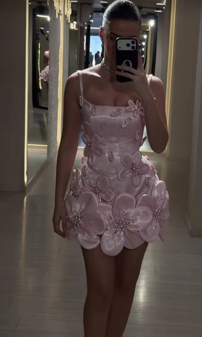 Charming Pink Spaghetti Straps Satin 3D Flower Sheath Short Homecoming Dress Cocktail Dress SP3056