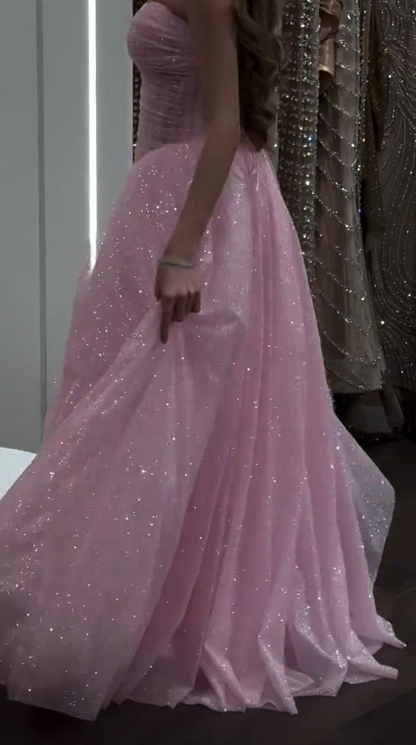 Shiny Sweetheart Neck Tulle Sequin A Line Long Wedding Guest Dress Pink Long Party Dress SP3742