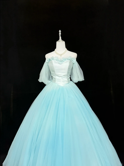 Elegant Blue Ball Gown Off The Shoulder Floral Tulle Long Prom Dress Party Gown SP2215