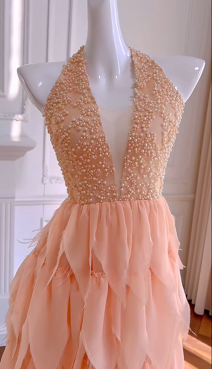 Gorgeous Halter Chiffon Pearls Beaded Homecoming Dress Orange Formal Birthday Outfits Y8981