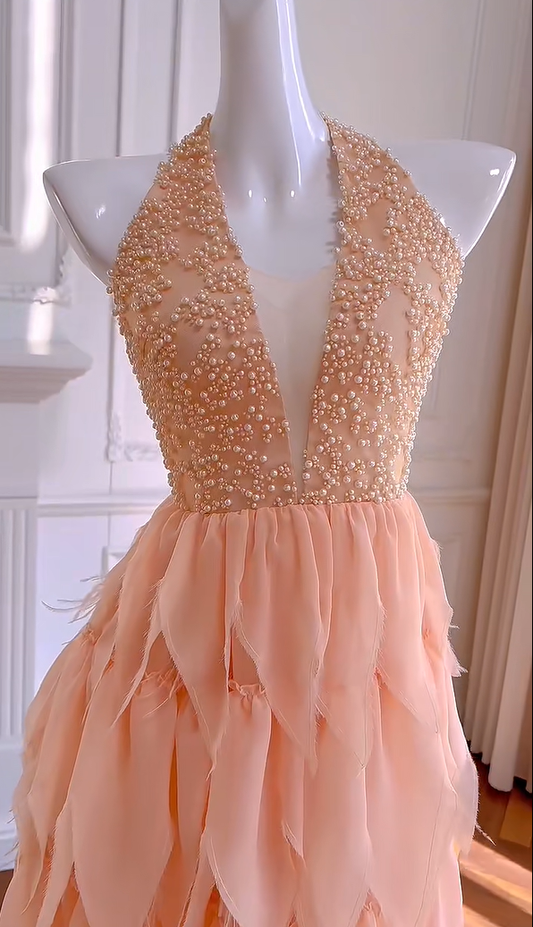 Gorgeous Halter Chiffon Pearls Beaded Homecoming Dress Orange Formal Birthday Outfits Y8981