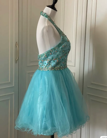 Gorgeous Halter Tulle Beaded Short Birthday Outfits Blue A Line Homecoming Dress  Y9054