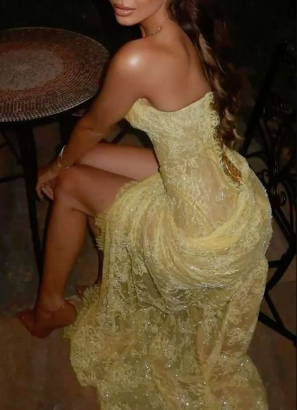 Charming Strapless Lace Sequin High Slit Yellow Mermaid Prom Dress Long Evening Gown SP465