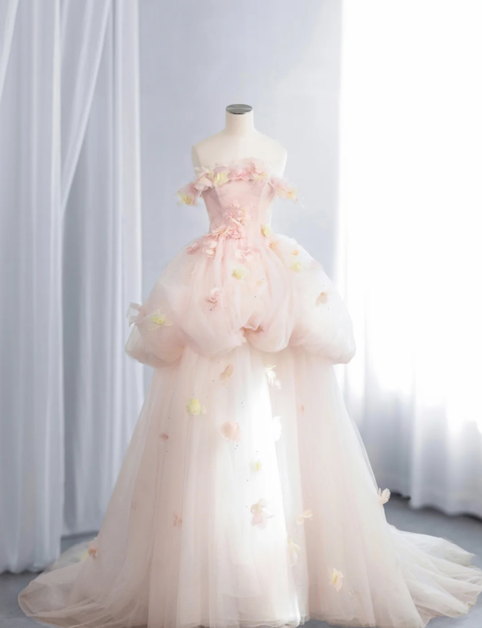 Sweet Off The Shoulder Ball Gown Light Pink  Tulle Beaded Appliques Birthday Quinceanera Dress SP1518