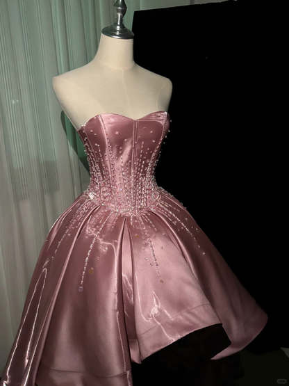 Charming Strapless Satin Beaded Hi-Low Party Dress Pink Long Prom Dress SP4218