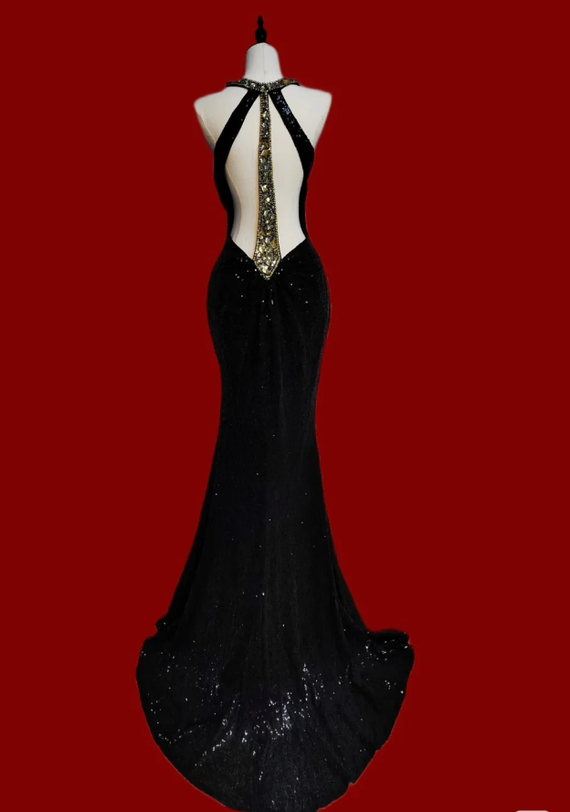 Classy Black Halter Sequin Beaded Mermaid Party Dress Long Prom Dress SP354
