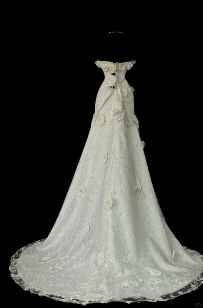 Pretty Strapless Off White Satin Lace 3D Floral Mermaid Long Wedding Dress SP4065