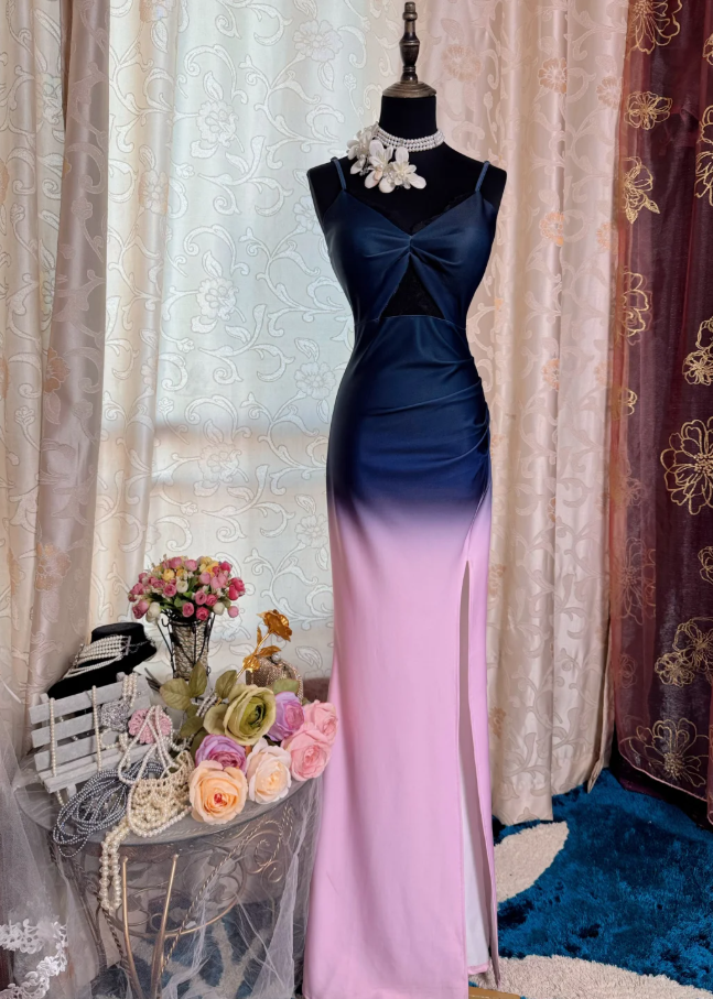 Unique Spaghetti Straps Navy Blue Ombre Pink Satin Slit Mermaid Evening Dress Long Birthday Prom Gowns SP1892