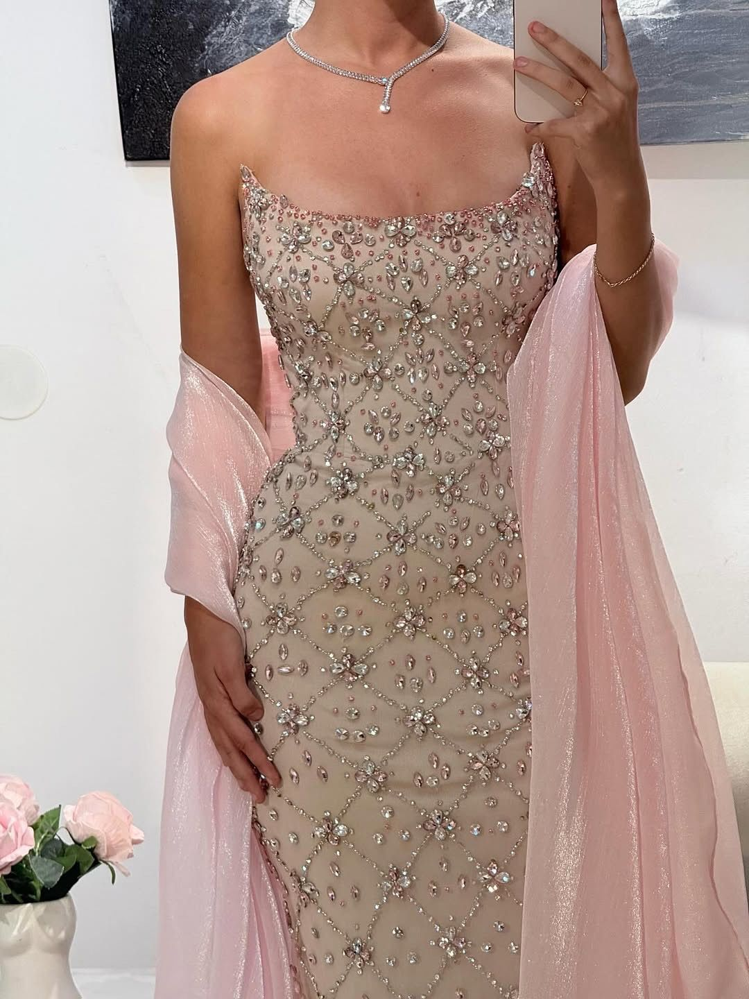 Pretty Sequin Beaded Pink Strapless Mermaid Prom Dress Long Birthday Party Dress SP774