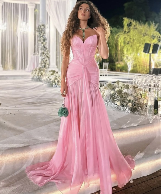 Charming Pink Strapless Chiffon Pleated Mermaid Party Dress Long Wedding Guest Dress SP363