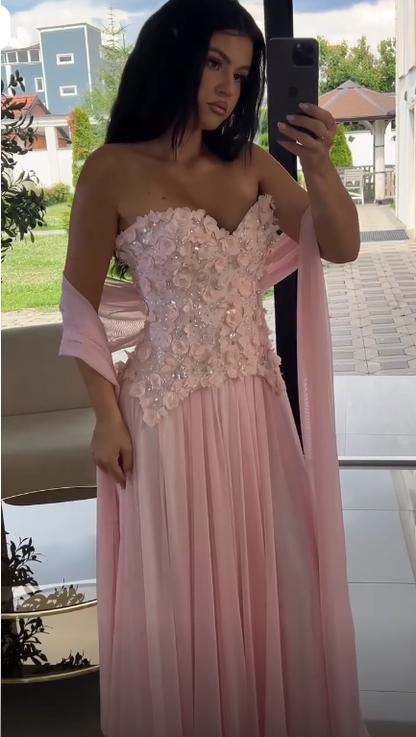 Elegant Pink Strapless Chiffon Appliques Long Party Dress Evening Dress SP3741