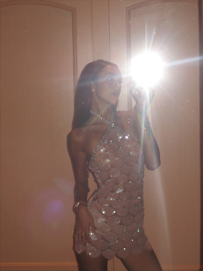 Glitter Pink Halter Fish Scales SequinS Short Homecoming Dress Cocktail Dress SP3926