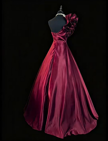 Vintage One Shoulder Ball Gown Burgundy Satin Ruffles Long Party Dress SP2768