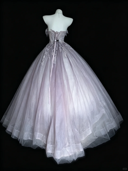 Lavender Strapless Ruffle Bow Tulle Ball Gown Rhinestone Beaded Long Quinceanera Dress SP2728