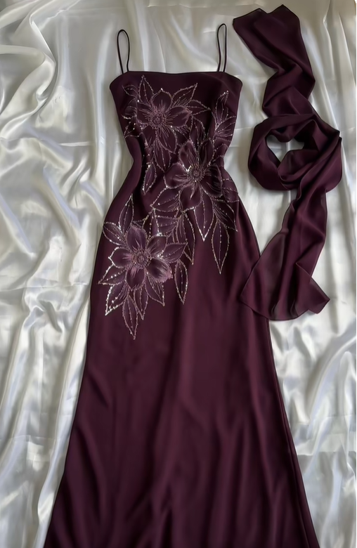 Retro Spaghetti Straps Purple Chiffon Sequin Floral Long Party Dress Prom Gown With Scarf SP2243