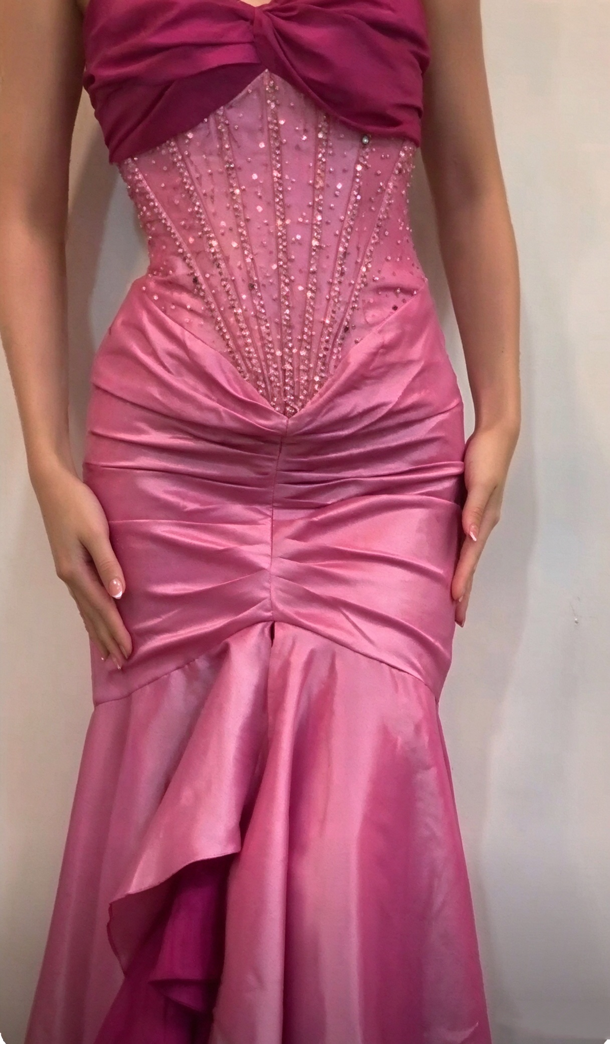 Vintage Spaghetti Straps Pink Satin Pleated Beaded Mermaid Long Party Dress SP4213