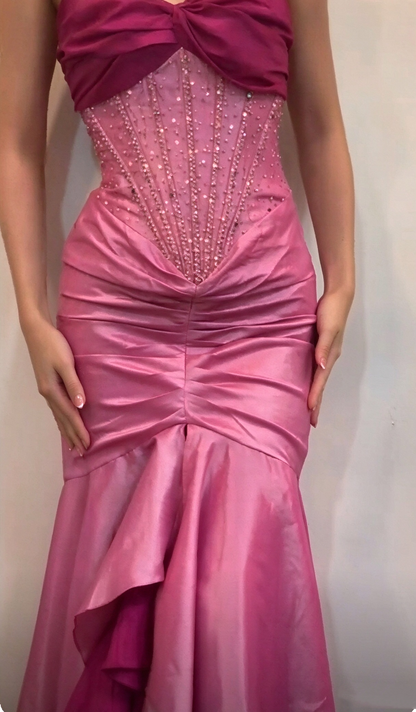 Vintage Spaghetti Straps Pink Satin Pleated Beaded Mermaid Long Party Dress SP4213