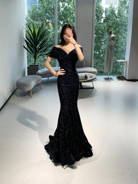 Off The Shoulder Black Mermaid Prom Dress,Black Evening Dress  Y4022