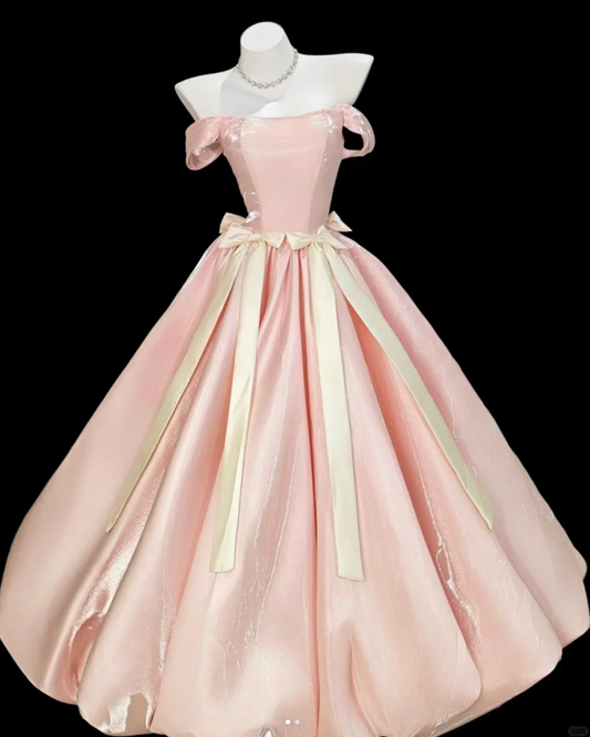 Fairy Off The Shoulder Ball Gown Pink Satin Long Birthday Quinceanera Dress With Bow SP1920