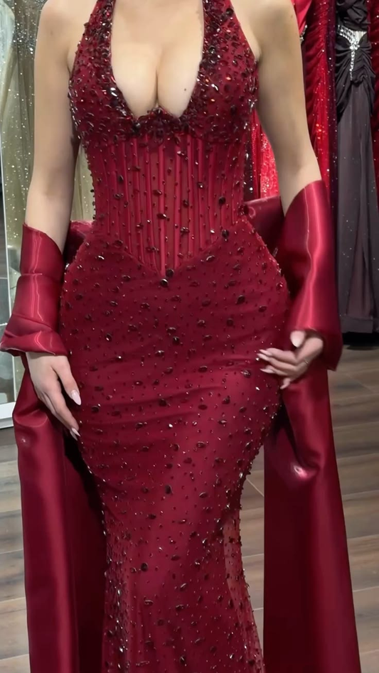 Gorgeous Burgundy Halter Beaded Mermaid Long Party Dress Birthday Dress With Shawl SP2223