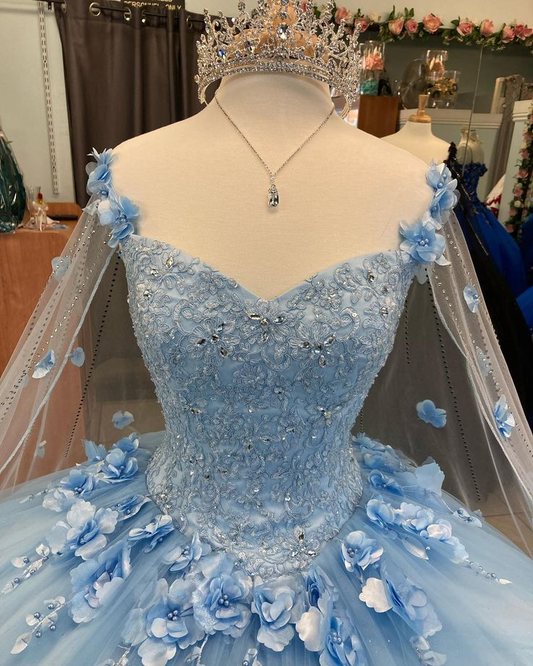 Ball Gown Light Blue Quinceanera Dresses 3D Flowers Sweet 16 Dress  Y6569