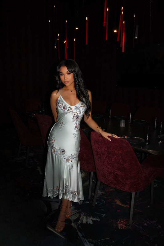 Pretty Spaghetti Straps Blue SAtin Beaded Mermaid Evening Dress Long Prom Dress SP193