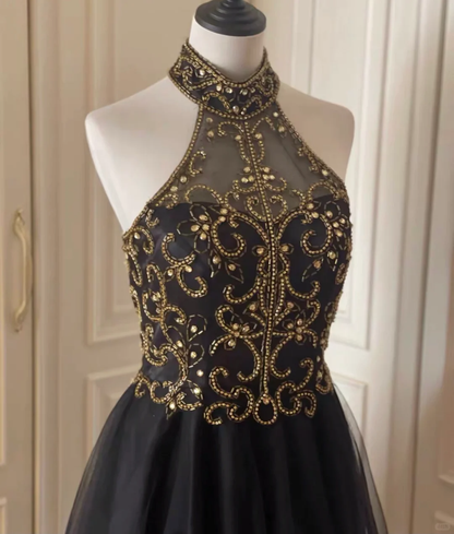 Fashion Halter Black Tulle Beaded A Line Cocktail Dress Formal Homecoming Dress Y9052