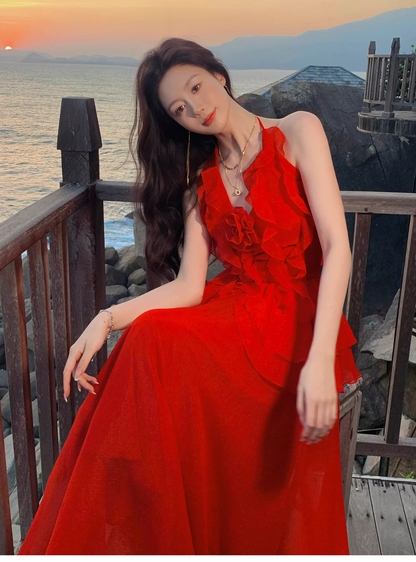 Sexy Red Halter Chiffon Ruffles Long Party Dress Prom Dress SP1973