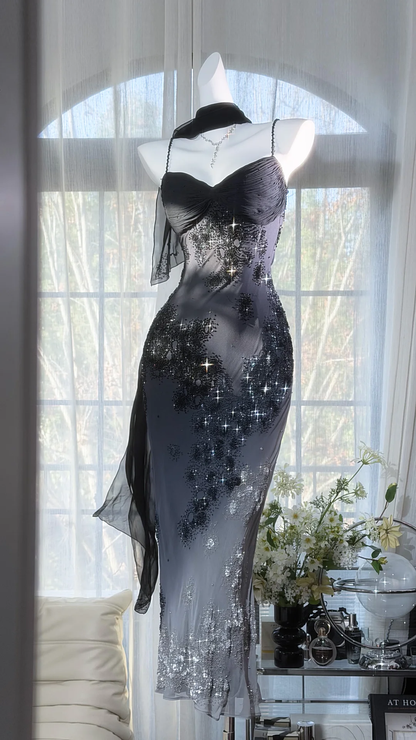 Vintage Spaghetti Straps Black Chiffon Beaded Mermaid Long Evening Dress Birthday Dress With Ribbon SP2190