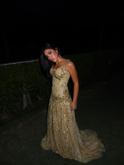 Gorgeous Spaghetti Straps Champagne Gold Tulle Beaded Mermaid Long Party Dress Evening Dress SP3933