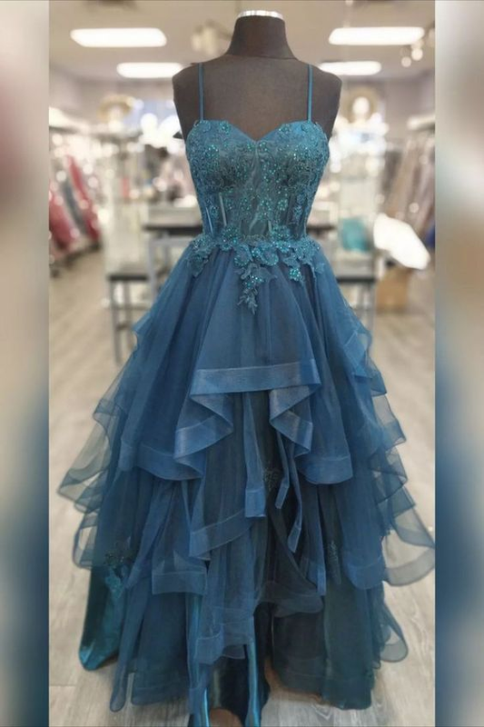 Teal Straps Appliques Multi-Layers Tulle Long Prom Dress Y4914