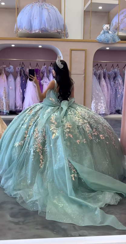 Pretty Spaghetti Straps Tulle Sequin Quinceanera Dress Green Sweet 15 Dress With Bow SP3991