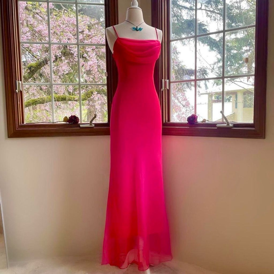 Simple Spaghetti Straps Ombre Hot Pink Chiffon Mermaid Party Dress Long Prom Dress SP303