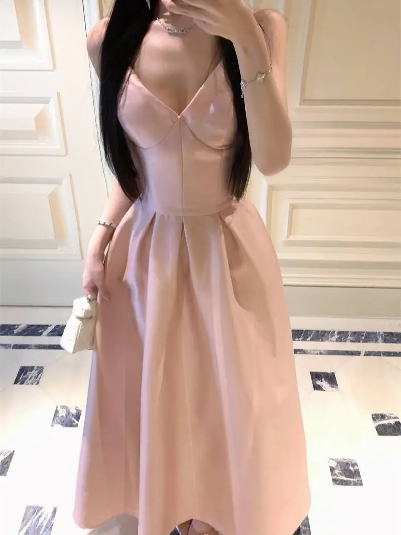 Cute Spaghetti Straps V Neck Satin A Line Long wedding Guest Dress Pink Evening Dress Prom Dress SP2291